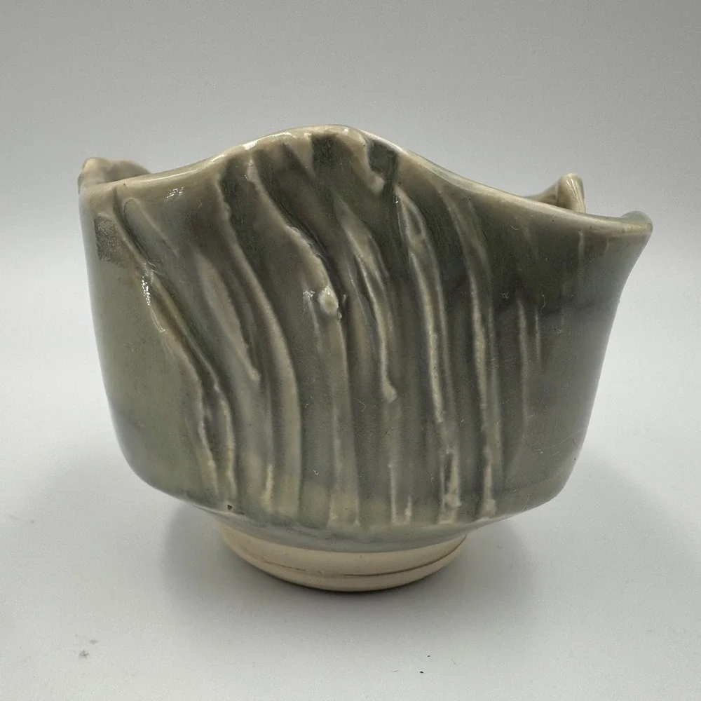 Cheryl Signed‎ Studio Pottery Sage Green Carved Organic Bowl Numbered 2651